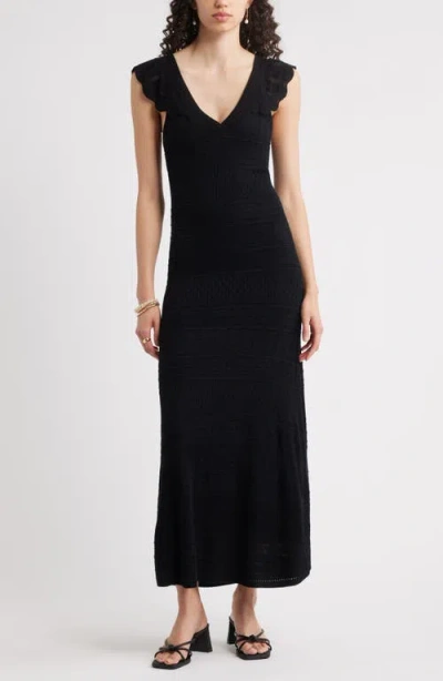 Chelsea28 Pointelle Flutter Maxi Sweater Dress In Black