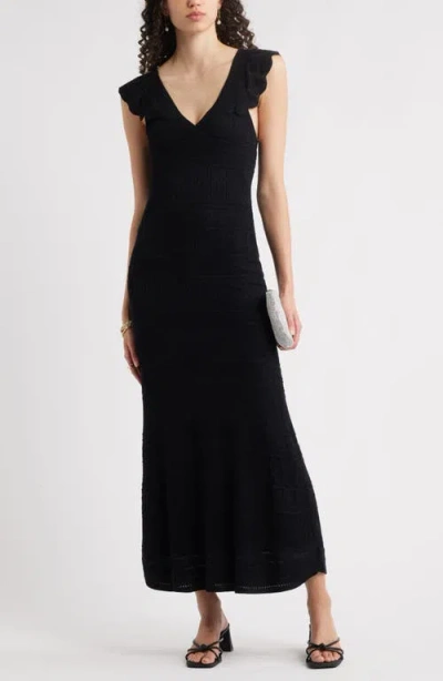 Chelsea28 Pointelle Flutter Maxi Sweater Dress In Black