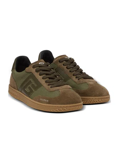 Balmain Men's Leather And Canvas Swan Trainers In Brown