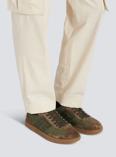 Balmain Men's Leather And Canvas Swan Trainers In Brown