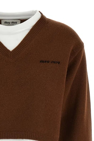 Miu Miu Long Sleeve Cropped Sweater In Brown
