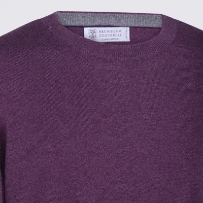 Brunello Cucinelli Soft Texture Crewneck Sweater With Ribbed Cuffs In Purple