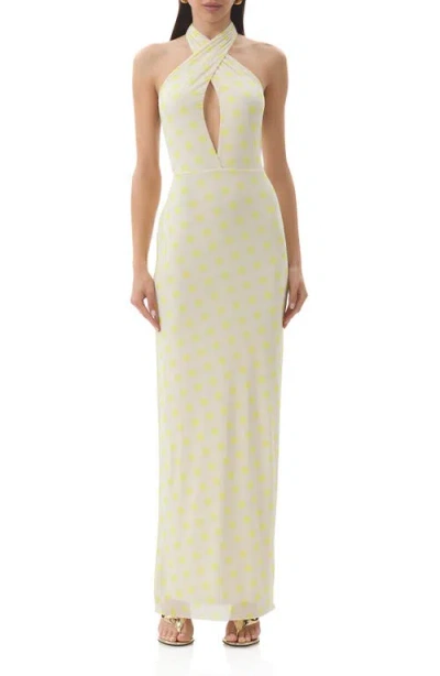 Afrm Genie Printed Cutout Mesh Halter Maxi Dress In Neutral
