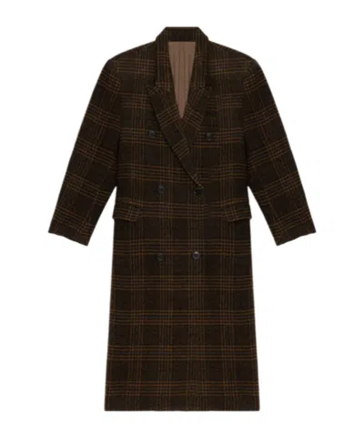 Isabel Marant Étoile Long Checked Double-breasted Coat Pockets In Brown