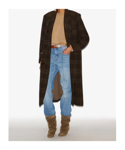 Isabel Marant Étoile Long Checked Double-breasted Coat Pockets In Brown