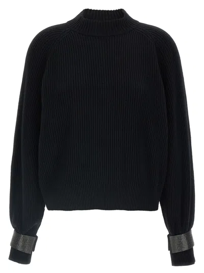 Brunello Cucinelli Ribbed High Neck Sweater With Cuffed Sleeves In Blue