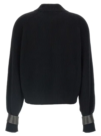 Brunello Cucinelli Ribbed High Neck Sweater With Cuffed Sleeves In Blue