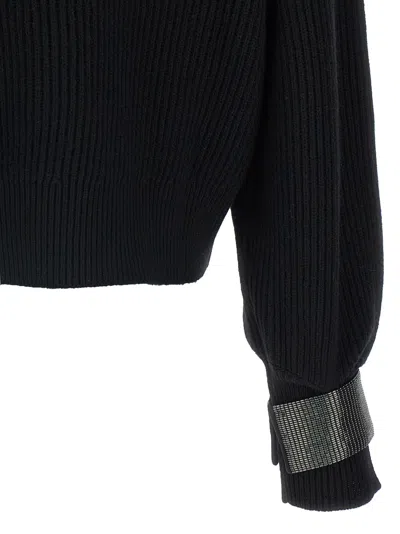 Brunello Cucinelli Ribbed High Neck Sweater With Cuffed Sleeves In Blue