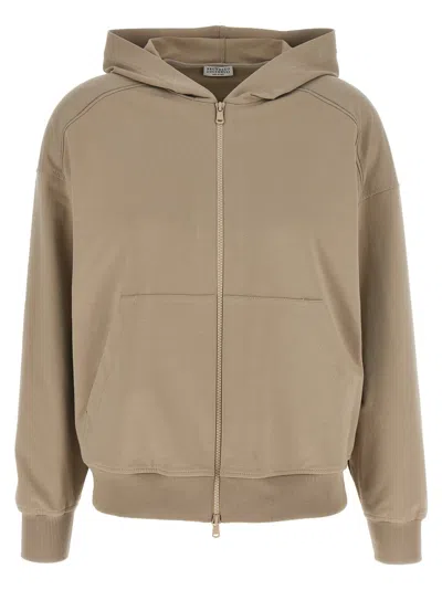 Brunello Cucinelli Hooded Kangaroo Pocket Top With Ribbed Cuffs In Brown
