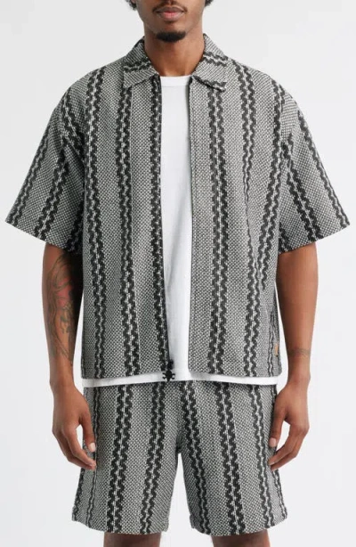 Icecream Vertical Stripe Short Sleve Knit Zip-up Shirt In Gray