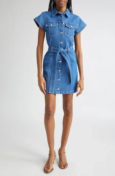Cinq À Sept Tie Belted Short-sleeve Denim Mini Dress In Blue