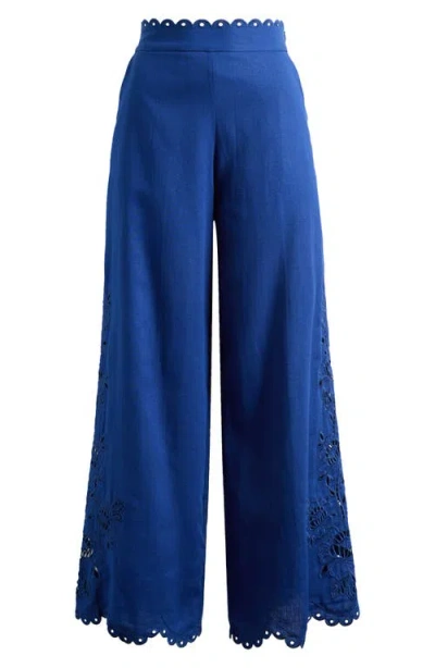 Farm Rio Richelieu Embroidery Detail Linen Blend Pants In Blue