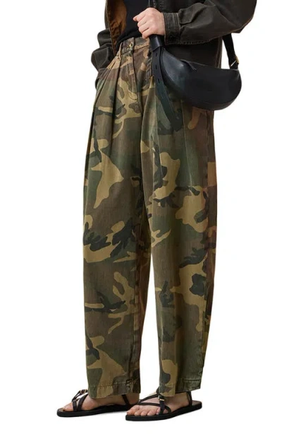 Allsaints Becca Camo Pleated Cotton Trousers In Green