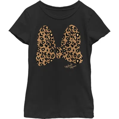 Mickey & Friends Girl's  Minnie Mouse Cheetah Print Bow Signature  Graphic T-shirt In Black