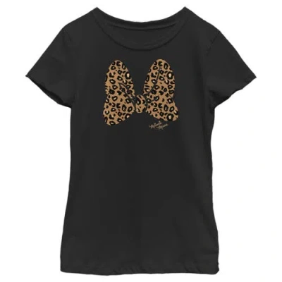 Mickey & Friends Girl's  Minnie Mouse Cheetah Print Bow Signature  Graphic T-shirt In Black