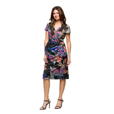 24seven Comfort Apparel Plus Size Knee Length Short Sleeve Faux Wrap Dress In Black