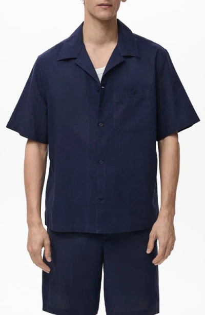 Mango Men's Bowling Collar And Pocket Linen Shirt In Blue