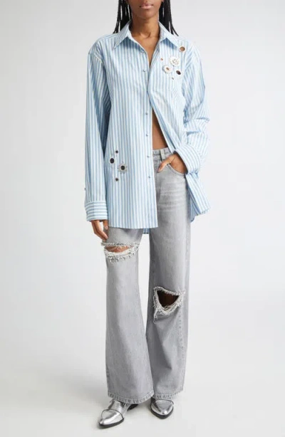 Area Crystal Embellished & Grommet Stripe Poplin Button-up Shirt In Blue