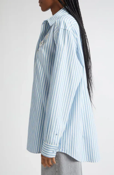 Area Crystal Embellished & Grommet Stripe Poplin Button-up Shirt In Blue