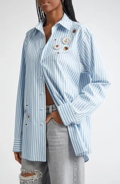 Area Crystal Embellished & Grommet Stripe Poplin Button-up Shirt In Blue