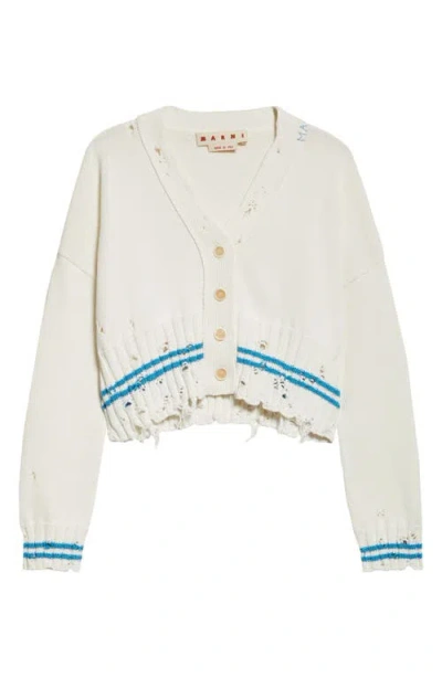 Marni Mending Logo Distressed Boxy Cotton Cardigan In White