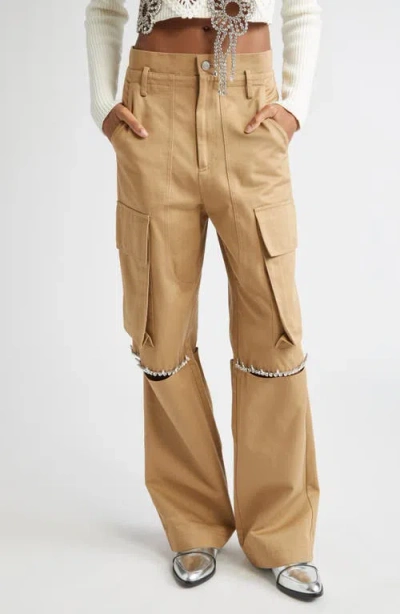 Area Crystal Trim Slit Cargo Pants In Brown
