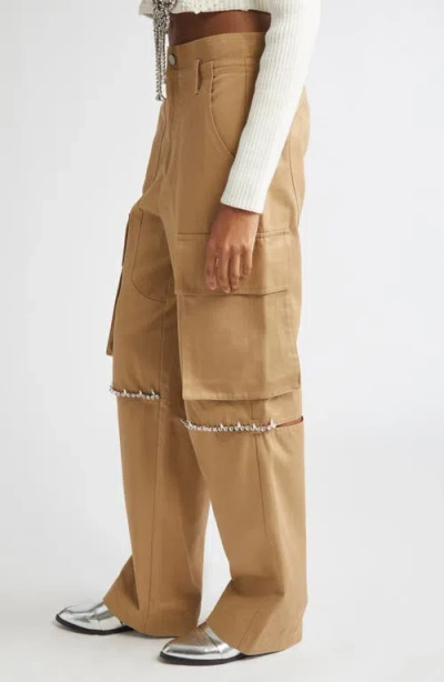 Area Crystal Trim Slit Cargo Pants In Brown