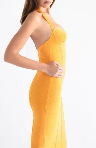 House Of Cb Womens Orange Sherbet The Sculpt Halter-neck Bandage Stretch-woven Midi Dress In Yellow
