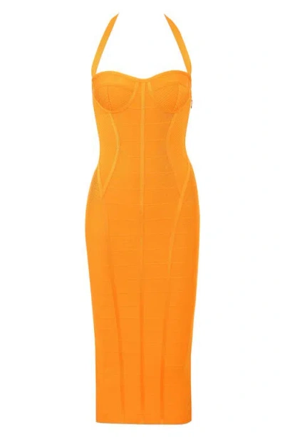 House Of Cb Womens Orange Sherbet The Sculpt Halter-neck Bandage Stretch-woven Midi Dress In Yellow