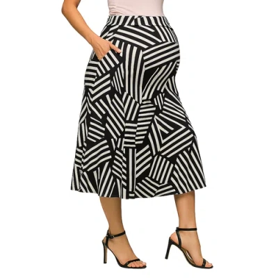 24seven Comfort Apparel Maternity Black Geometric Print Elastic Waist Pocket Midi Skirt In Multi