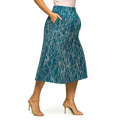 24seven Comfort Apparel Maternity Teal Geometric Print Elastic Waist Pocket Midi Skirt