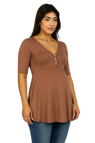 24seven Comfort Apparel Maternity Elbow Sleeve Tunic Top With Button Detail In Brown