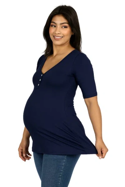 24seven Comfort Apparel Maternity Elbow Sleeve Tunic Top With Button Detail In Blue