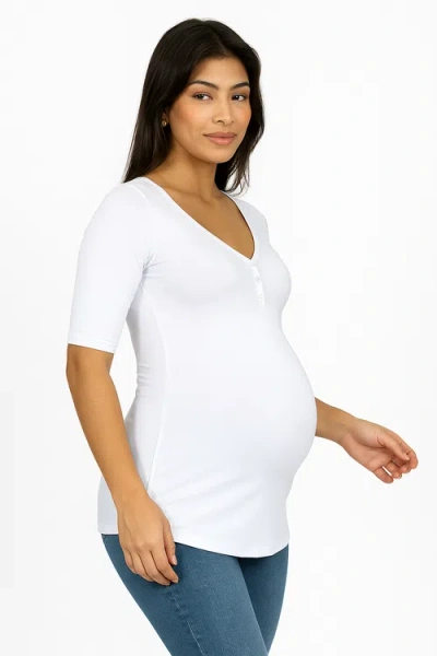 24seven Comfort Apparel Maternity Elbow Sleeve Tunic Top With Button Detail