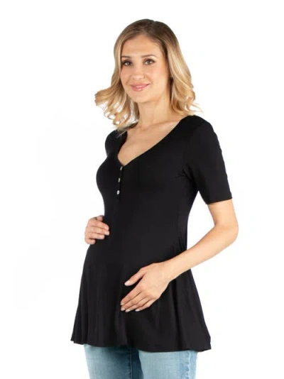 24seven Comfort Apparel Maternity Elbow Sleeve Tunic Top With Button Detail In Black