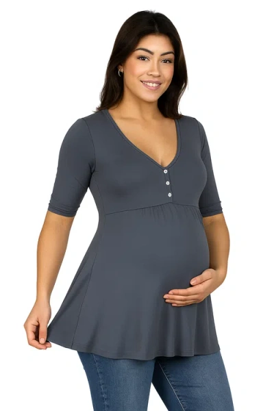 24seven Comfort Apparel Maternity Elbow Sleeve Tunic Top With Button Detail