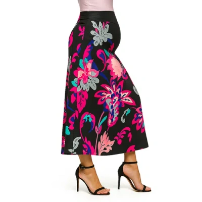 24seven Comfort Apparel Maternity Black And Pink Paisley Elastic Waist A-line Maxi Skirt