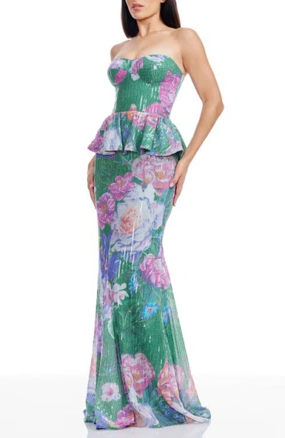 Dress The Population Scarlett Sequin Floral Embroidered Peplum Mermaid Gown In Multi