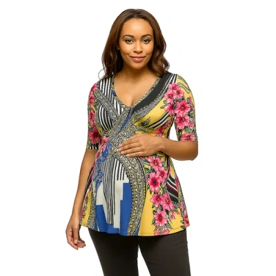 24seven Comfort Apparel Maternity Floral Print Elbow Sleeve V-neck Henley Tunic Top