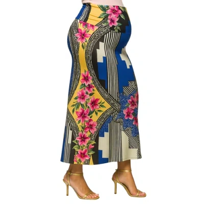 24seven Comfort Apparel Maternity Multicolor Floral Print Foldover Waist Maxi Skirt In Blue