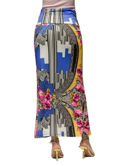 24seven Comfort Apparel Maternity Multicolor Floral Print Foldover Waist Maxi Skirt In Blue