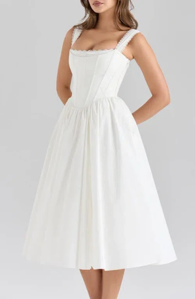 House Of Cb Amara Corset Stretch Cotton Cocktail Midi Dress In White
