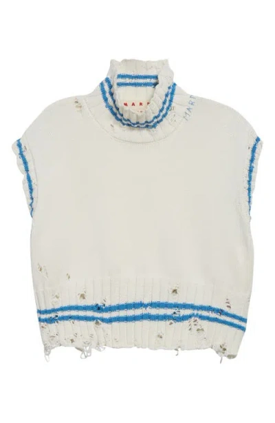 Marni Mending Logo Distressed Boxy Cotton Turtleneck Sweater In Neutral