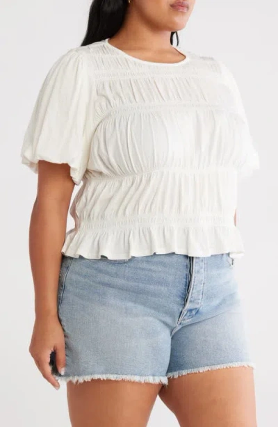 Treasure & Bond Shirred Puff Sleeve Cotton Top In White