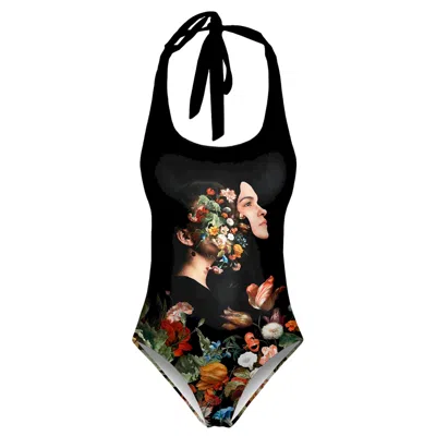 Aloha From Deer Women's Black / Brown / Green Boquet Face Open Back Swimsuit