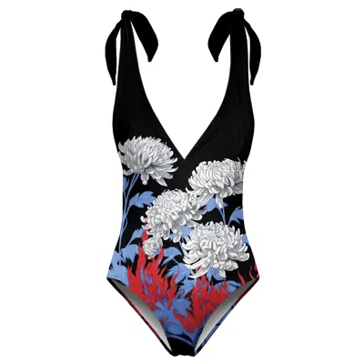 Aloha From Deer Women's Black / Blue / White Burning Petals Open Back Swimsuit