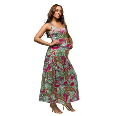 24seven Comfort Apparel Maternity Hot Pink Paisley Print Scoop Neck A-line Sleeveless Maxi Dress In Multi