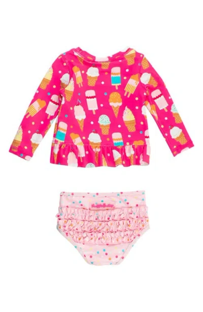 Rufflebutts Sweet Scoops Long Sleeve Two-piece Rashguard Swimsuit In Pink