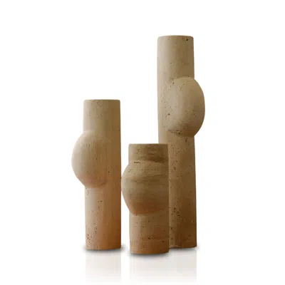 Marleth Neutrals Set Of Three Travertine Sculptural Vase Set – Hand-carved Organic Belly Design