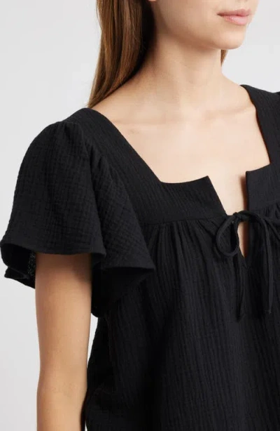 Rails Casie Split Neck Flutter Sleeve Top In Black